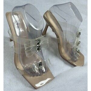Sun Gurg Clear Rhinestone Bow Mule Heels Nude Transparent Size 9 NWT